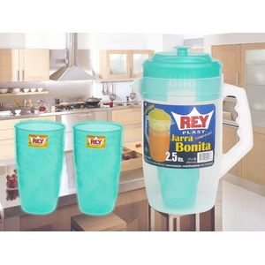 Jarra Rey Bonita, Vaso Plastico,Color Celeste, 3 Piezas, 2.5Lt,, RWX006600