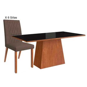 Juego Comedor Batrol, Canela, Negro, 1 Mesa, 6 Sillas, 80x80x160cm, 140 \ 25