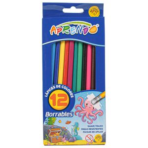 Lápices de Colores Aprendo, Borrable, 12 Piezas, 19cm, mq-1007